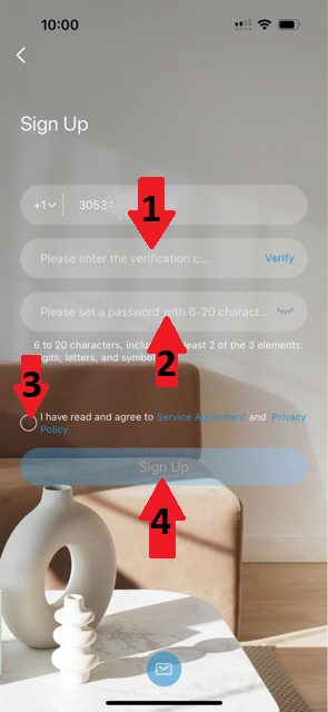 UniEase signup screen showing where to enter the code, create a password, agree to terms, and sign up