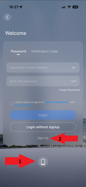 UniEase screen showing the phone icon and the Sign Up option