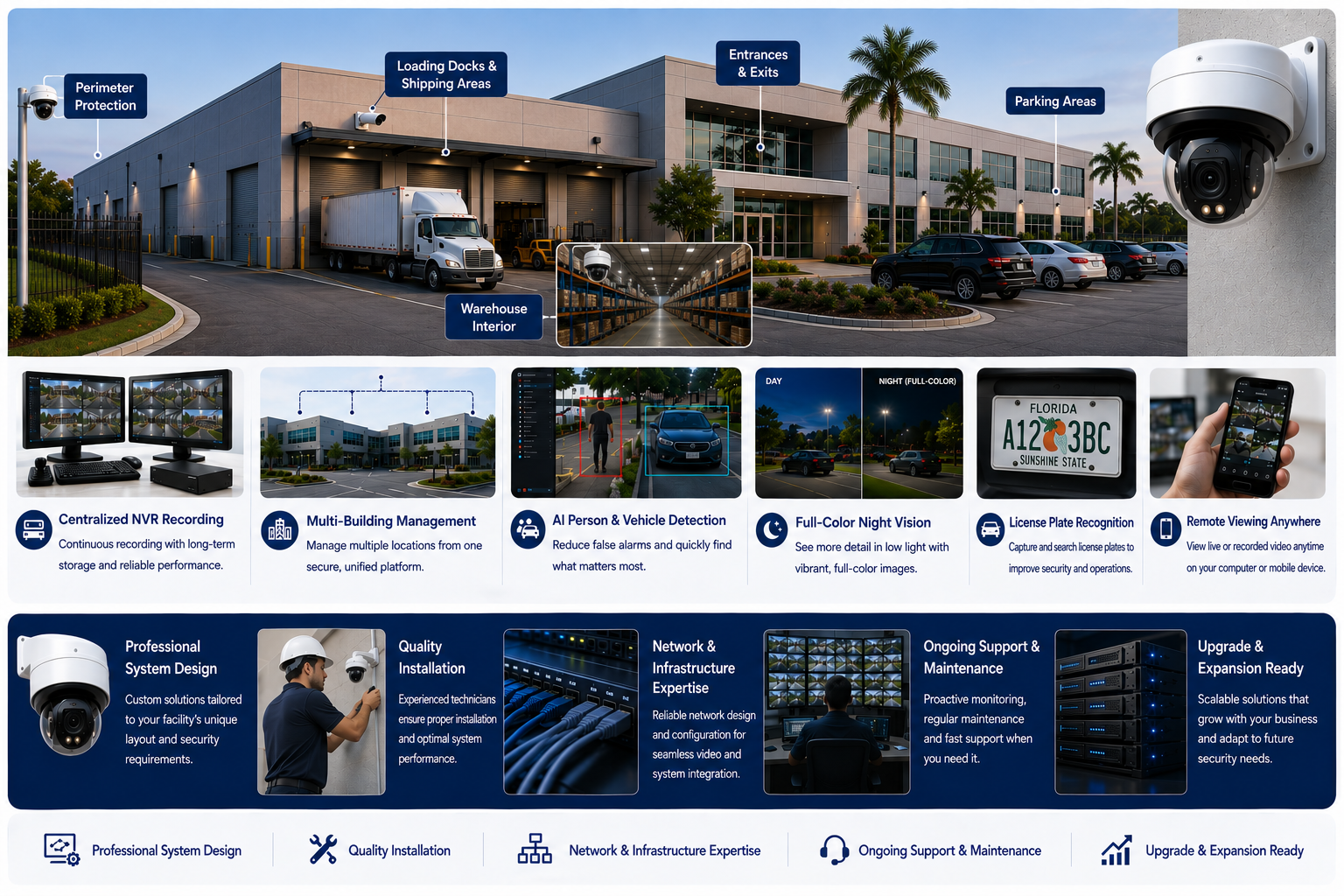 Commercial video surveillance for warehouses, offices, loading docks, parking areas and centralized monitoring