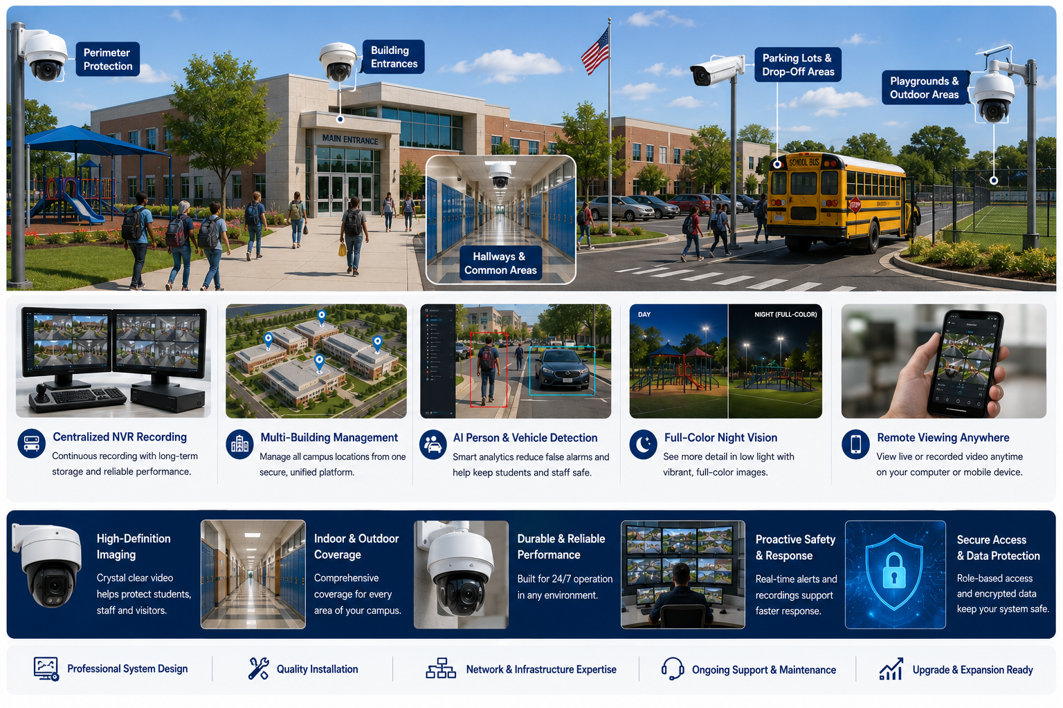 Video surveillance for educational facilities showing campus camera coverage, centralized monitoring and secure remote access